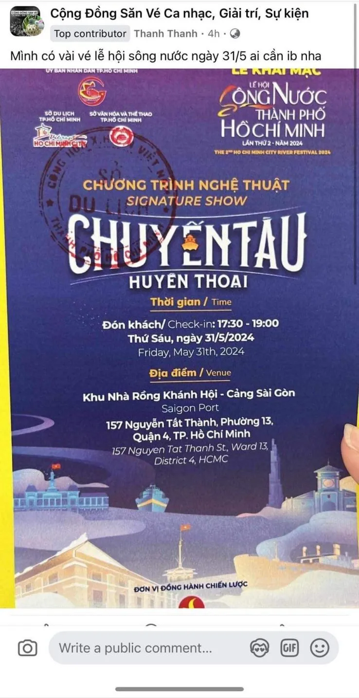 Một nick facebook rao bán vé mời chương trình nghệ thuật 'Chuyến tàu huyền thoại' đêm 31-5. Ảnh: TT.