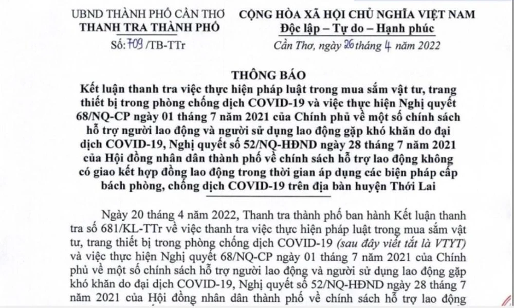 Thông báo Kết luận thanh tra của Thanh tra TP Cần Thơ. Ảnh: NN