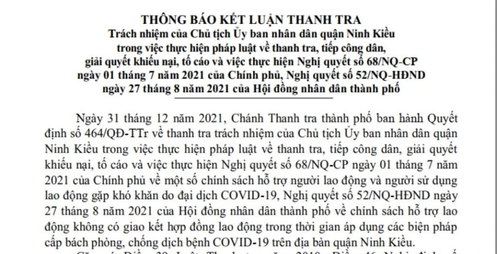 Thông báo kết luận thanh tra cho biết, quận Ninh Kiều phải thu hồi 1,51 tỉ đã chi hỗ trợ lao động tự do. Ảnh: NN