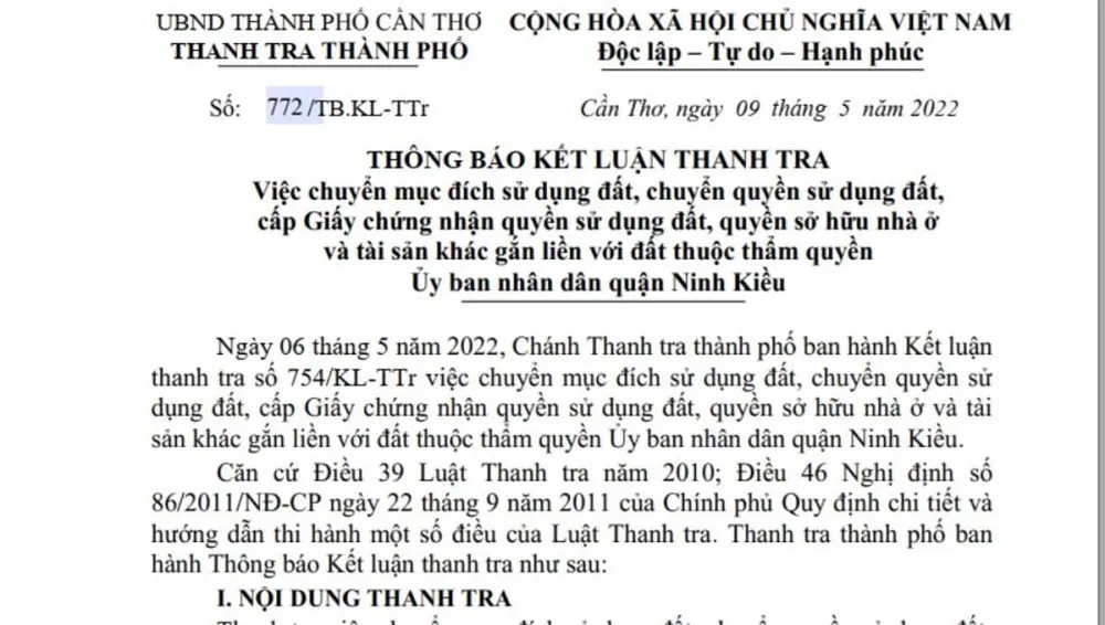 Thông báo kết luận thanh tra về đất đai ở Ninh Kiều. Ảnh: NN