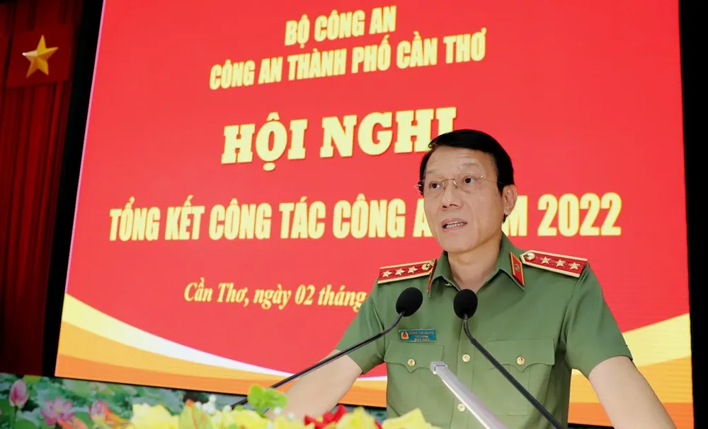 Thượng tướng Lương Tam Quang - Thứ trưởng Bộ Công an phát biểu chỉ đạo tại hội nghị. Ảnh: CTV