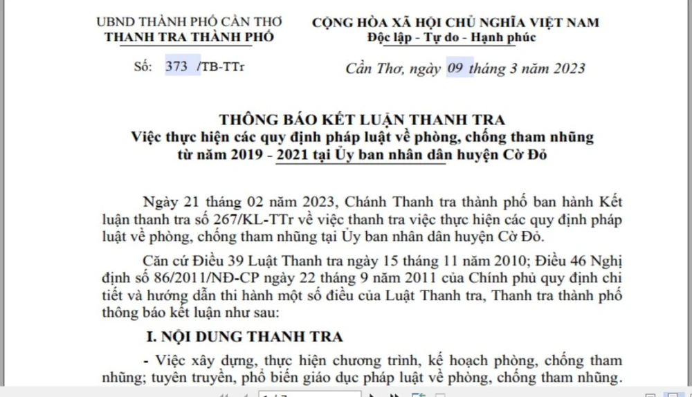Thông báo kết luận thanh tra việc thực hiện các quy định pháp luật về phòng, chống tham nhũng từ năm 2019-2021 tại UBND huyện Cờ Đỏ.