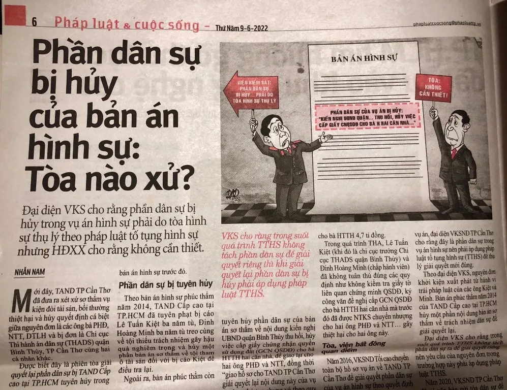 Bài báo phản ánh về vụ án phần dân sự bị hủy của bản án hình sự, tòa nào xử đăng trên Báo Pháp Luật TP.HCM.