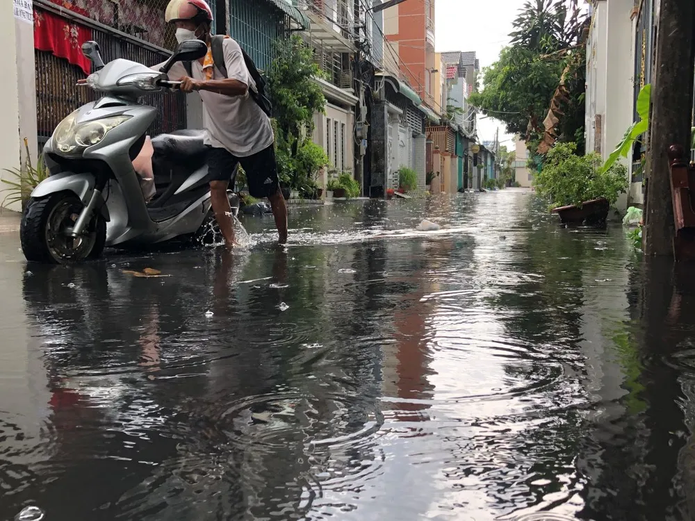 Hẻm trong đường Lê Quang Chiểu, nước cống đen tràn lên đường hòa cùng nước mưa. Ảnh: NHẪN NAM can-tho-mua-ngap-duong-3.jpg