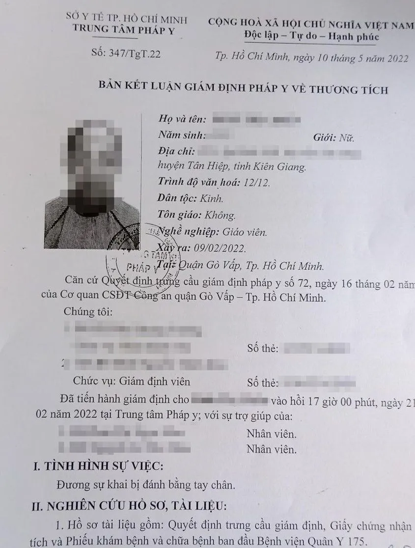 Bản kết luận giám định pháp y về thương tích được gửi của bà C. Ảnh: NDCC Bản kết luận giám định pháp y về thương tích được gửi của bà C. Ảnh: NDCC