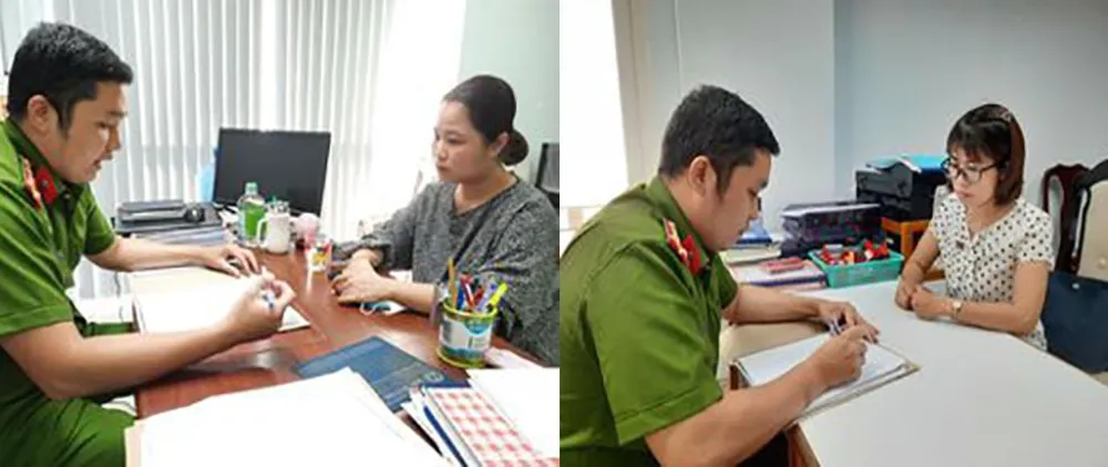 Công an làm việc với hai bị can Nguyễn Thị Thanh Nhàn (phải) và Lê Thị Kim Chi.