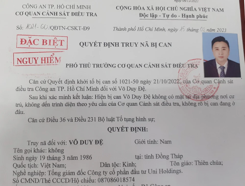 Công an ra quyết định truy nã đặc biệt bị can Võ Duy Đệ