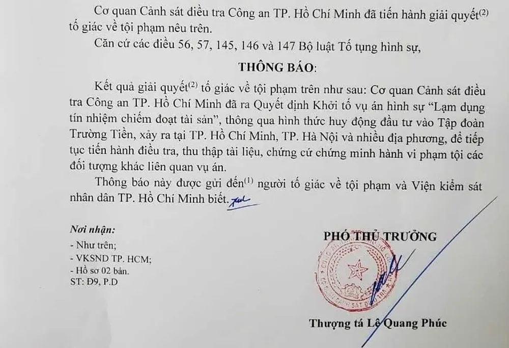Văn bản thông báo của Công an TP.HCM Văn bản thông báo của Công an TP.HCM
