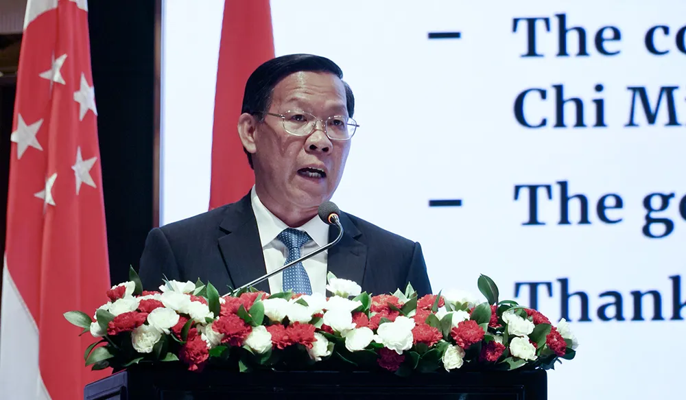 Chủ tịch UBND TP.HCM Phan Văn Mãi phát biểu chúc mừng lễ Quốc khánh Cộng hòa Singapore. Ảnh: BP Chủ tịch UBND TP.HCM Phan Văn Mãi phát biểu chúc mừng lễ Quốc khánh Cộng hòa Singapore. Ảnh: BP