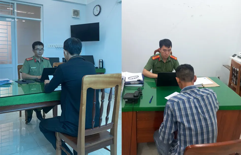 Cán bộ Phòng An ninh mạng và phòng, chống tội phạm sử dụng công nghệ cao làm việc với hai thanh niên đăng tin bịa đặt. Ảnh: H.HÀ