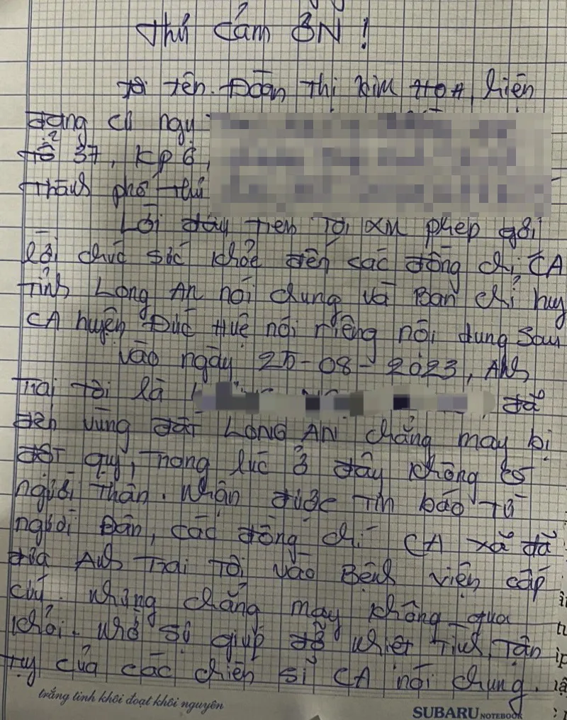 Thư cảm ơn của bà Hoa gửi đến Công an xã Mỹ Thạnh Bắc. Ảnh: CA thư-cam-ơn-cong-an-xa.jpg