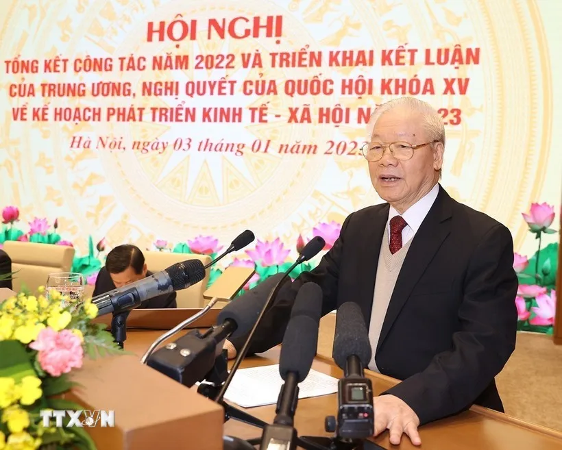 Tổng Bí thư Nguyễn Phú Trọng phát biểu chỉ đạo Hội nghị triển khai Kế hoạch phát triển kinh tế-xã hội năm 2023 (Hà Nội, 3-1-2023). (Ảnh: Trí Dũng/TTXVN) ttxvn-tong-bi-thu-nguyen-phu-trong-1-5404.jpg
