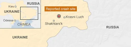 Vị trí máy bay rơi ở địa phận Ukraine. Đồ họa:BBC 2-8942-1405614651.jpg