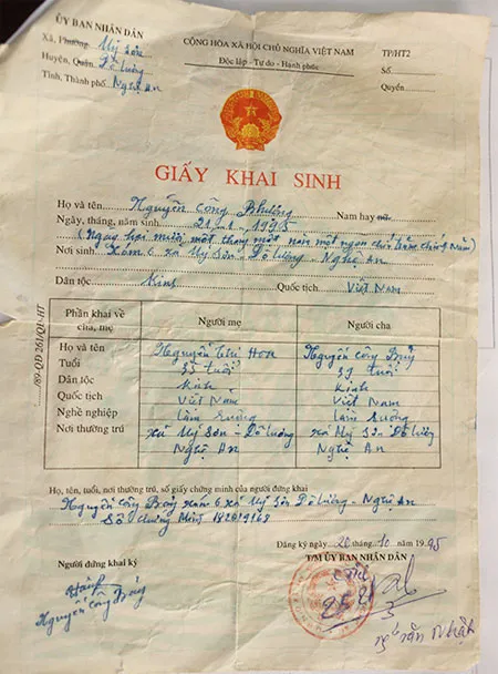Giấy khai sinh được cho là bản gốc ghi gõ Công Phượng sinh ngày 21/1/1995. Ảnh:Song Gia. khai-sinh.jpg