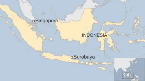 Bản đồ đường bay từ thành phố Surabaya ở Indonesia tới Singapore - Ảnh: BBC Bản đồ đường bay từ thành phố Surabaya ở Indonesia tới Singapore - Ảnh: BBC