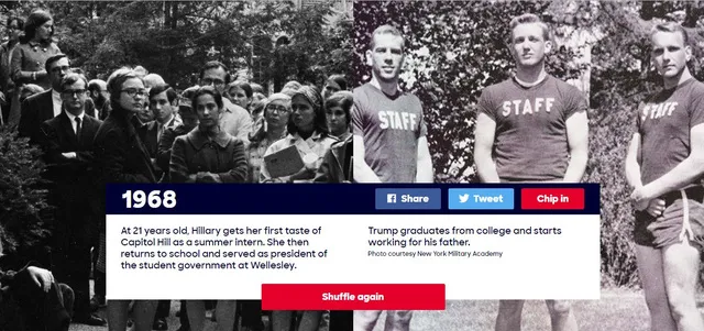 Năm 1968: Hillary Clinton, khi đó 21 tuổi, đã bắt đầu những có những trải nghiệm đầu tiên tại Quốc hội Mỹ trong vai trò thực tập sinh mùa hè. Sau thời gian thực tập, bà Clinton quay trở lại trường và đảm nhận vị trí chủ tịch ban quản trị hội sinh viên tại Wellesley. Trong năm này, ông Trump vừa tốt nghiệp đại học và bắt đầu làm việc cho cha mình.