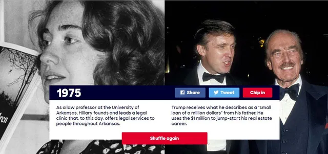 Năm 1975: Bà Hillary Clinton, khi đó là giáo sư luật tại Đại học Arkansas, đã thành lập và điều hành một văn phòng luật nhằm cung cấp các dịch vụ tư vấn luật cho người dân trên khắp bang Arkansas. Còn Donald Trump lúc này đã nhận được số tiền mà ông miêu tả là “khoản vay nhỏ trị giá một triệu đô la” từ cha mình. Ông Trump đã sử dụng 1 triệu USD này để khởi nghiệp trong lĩnh vực địa ốc.