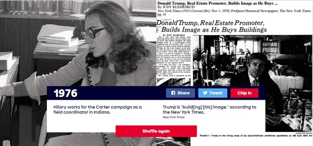 Năm 1976: Hillary Clinton làm việc cho chiến dịch tranh cử của cựu Tổng thống Jimmy Carter ở Indiana. Doanld Trump lúc đó “đang bắt đầu xây dựng hình ảnh” cá nhân, theo New York Times.