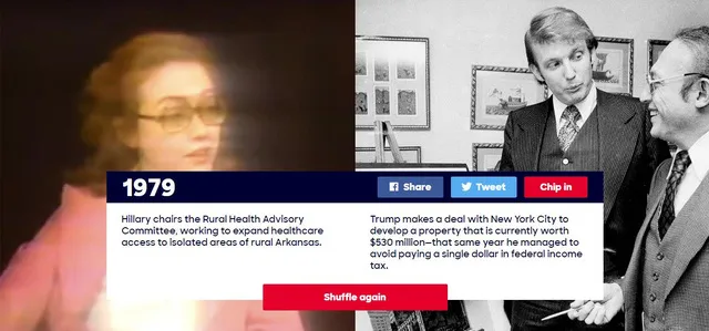Năm 1979: Hillary Clinton làm chủ tịch Ủy ban Tư vấn sức khỏe nông thôn, tạo cơ hội tiếp cận các chương trình chăm sóc sức khỏe cho những người dân sống ở các khu vực xa xôi thuộc vùng nông thôn Arkansas. Lúc này, ông Donald Trump vừa ký thỏa thuận với thành phố New York để phát triển dự án bất động sản trị giá khoảng 530 triệu USD. Cũng trong năm này, ông Trump được cho là có hành vi trốn thuế liên bang.