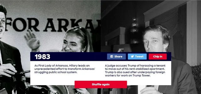 Năm 1983: Hillary Clinton, khi đó là phu nhân Thống đốc bang Arkansas, đã nỗ lực cải cách hệ thống giáo dục công của bang này. Còn Donald Trump đang vướng vào một vụ kiện ngược đãi khách thuê nhà khi đuổi người này ra khỏi căn hộ mà ông Trump sở hữu. Ông Trump cũng bị kiện vì trả lương thấp cho các nhân viên người nước ngoài làm việc tại Tháp Trump.