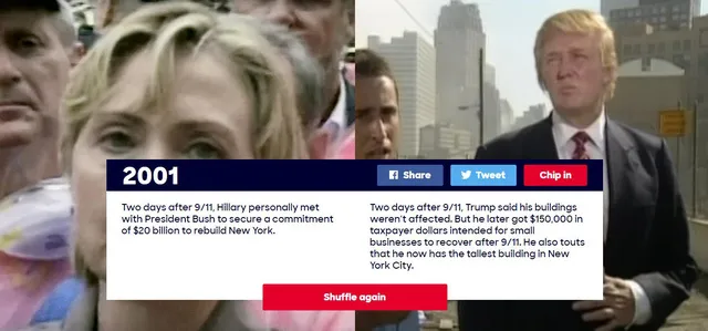 Năm 2001: 2 ngày sau vụ khủng bố 11/9, bà Hillary đã đích thân tới gặp cựu Tổng thống Bush để yêu cầu cấp 20 tỷ USD cho việc tái thiết thành phố New York sau thảm họa. Cũng 2 ngày sau vụ khủng bố 11/9, ông Trump nói rằng các tòa nhà của ông tại New York không bị ảnh hưởng bởi thảm họa này. Tuy nhiên, sau đó ông Trump vẫn nhận được 150.000 USD tiền thuế mà chính quyền trao cho các doanh nghiệp nhỏ để khắc phục hậu quả vụ 11/9.