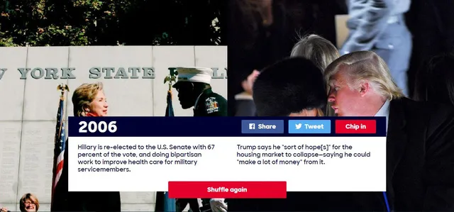 Năm 2006: Bà Hillary được tái bầu làm Thượng nghị sĩ với 67% số phiếu ủng hộ, bà cũng nỗ lực để cải thiện chương trình chăm sóc sức khỏe cho các quân nhân Mỹ. Trong năm này, ông Trump nói rằng ông hy vọng thị trường nhà đất sẽ sụp đổ vì cho rằng có thể “kiếm thêm nhiều tiền” từ sự sụp đổ đó.