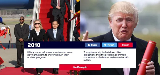 Năm 2010: Hillary Clinton làm việc để áp đặt lệnh trừng phạt lên Iran nhằm buộc nước này phải chấm dứt chương trình hạt nhân của mình, trong khi trường Đại học Trump do ông Trump lập nên đã phải đóng cửa sau cáo buộc lừa đảo học phí của sinh viên lên tới 40 triệu USD.