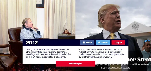 Năm 2012: Khi chiến sự xảy ra tại Dải Gaza, cựu Ngoại trưởng Clinton đã đáp chuyến bay tới Jerusalem, tổ chức cuộc họp với các nhà lãnh đạo của Israel, Ai Cập và một số nước Ả rập để tìm kiếm giải pháp hòa bình cho các bên và đàm phán một lệnh ngừng bắn tại đây. Ông Trump khi đó tìm cách làm mất mặt Tổng thống Barack Obama, người vừa mới đắc cử tổng thống lần 2, đồng thời kêu gọi một cuộc “cách mạng”.