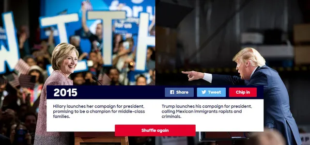Năm 2015: 2015 là năm bà Clinton khởi động chiến dịch tranh cử tổng thống với lời hứa sẽ trở thành vị tổng thống của các gia đình trung lưu. 2015 cũng là năm ông Trump bắt đầu cuộc chạy đua vào Nhà Trắng, với những phát ngôn gây sốc như gọi người nhập cư Mexico là những kẻ hiếp dâm và tội phạm.