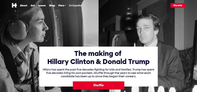 Đây là giao diện bên ngoài của công cụ điện tử mà chiến dịch tranh cử của bà Hillary Clinton đã xây dựng để giúp các cử tri dễ dàng so sánh hoạt động của hai ứng viên tổng thống theo từng năm được lựa chọn ngẫu nhiên. Giao diện ghi rõ: Điều làm nên Hillary Clinton và Donald Trump: Bà Hillary Clinton đã dành 5 thập niên đấu tranh cho trẻ em và các gia đình. Ông Donald Trump đã dành 5 thập niên để kiếm tiền. Nhìn lại những mốc thời gian để xem mỗi ứng viên đã làm những gì kể từ khi bắt đầu sự nghiệp của họ.