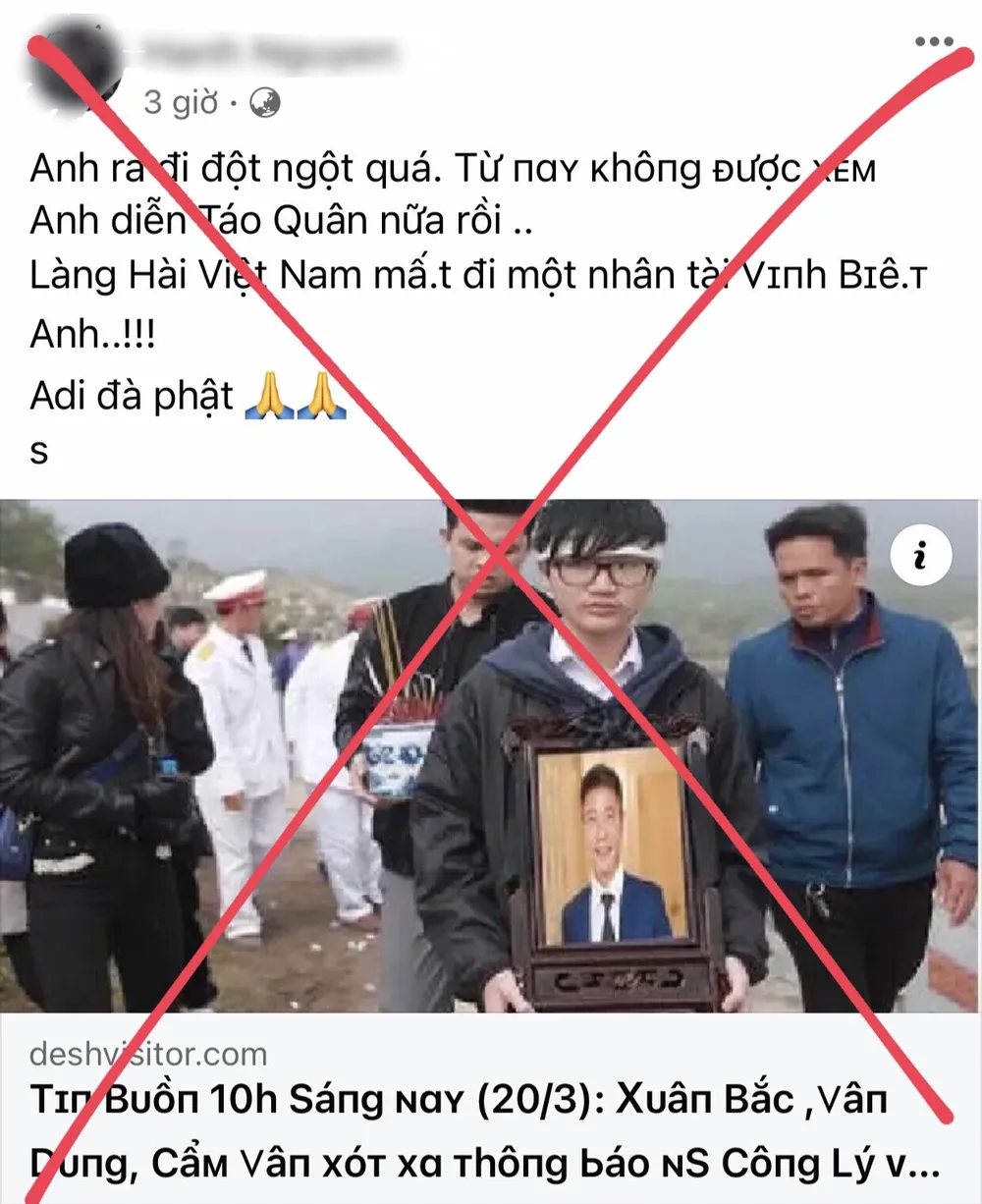 Nick Facebook có tên H.N đăng tải thông tin bịa đặt rằng nghệ sĩ Công Lý qua đời (Chúng tôi đã gạch chéo thông tin sai sự thật)