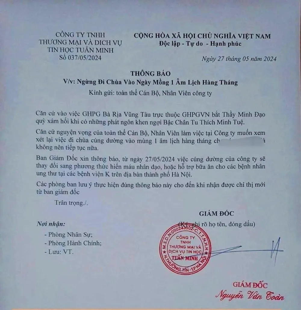Văn bản của công ty về việc "ngừng đi chùa vào ngày mồng 1 Âm lịch hàng tháng" gây xôn xao cộng đồng mạng. di-chua.jpg