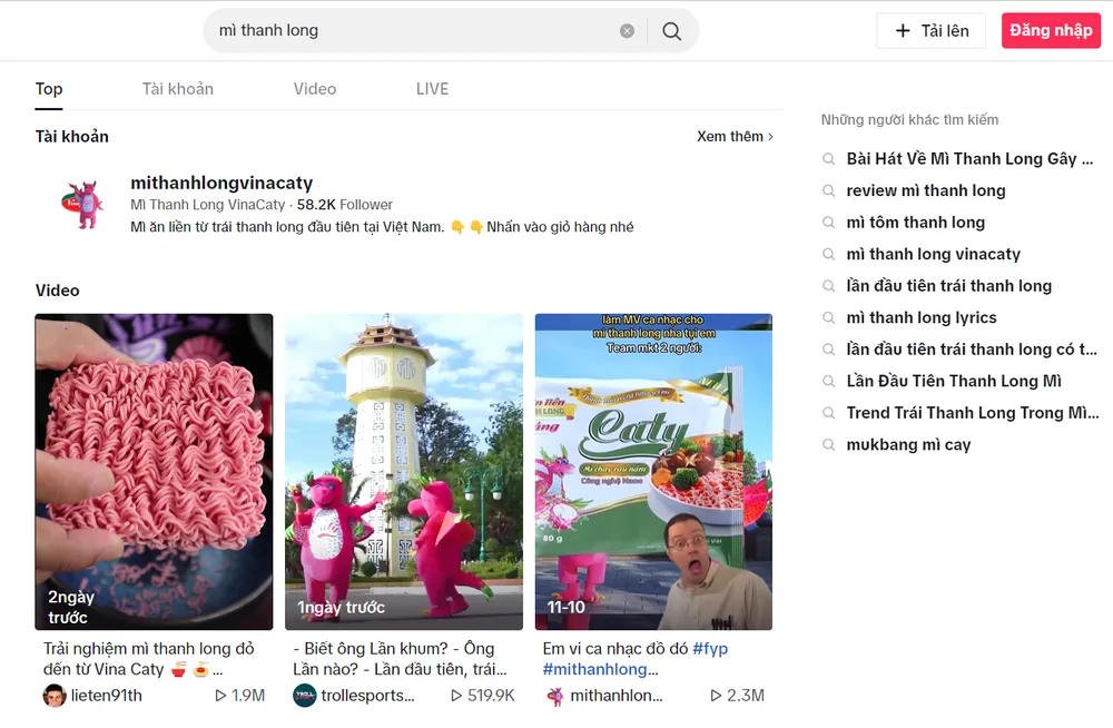 Những video về mì gói thanh long đều có lượt tương tác cao từ cộng đồng mạng. Ảnh MXH .png