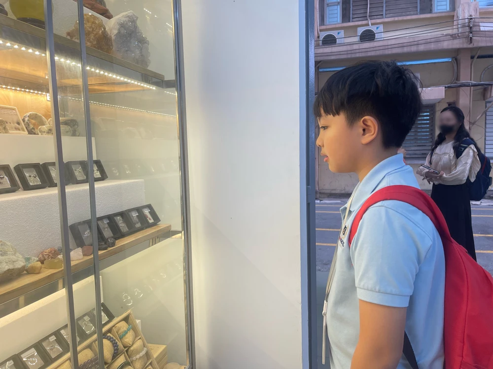 Em Minh Khôi, học sinh lớp 5 trường Vinschool đang quan sát các loại đá. cuoc-phieu-luu-cua-da-dua-kien-thuc-vao-thuc-tien.jpg