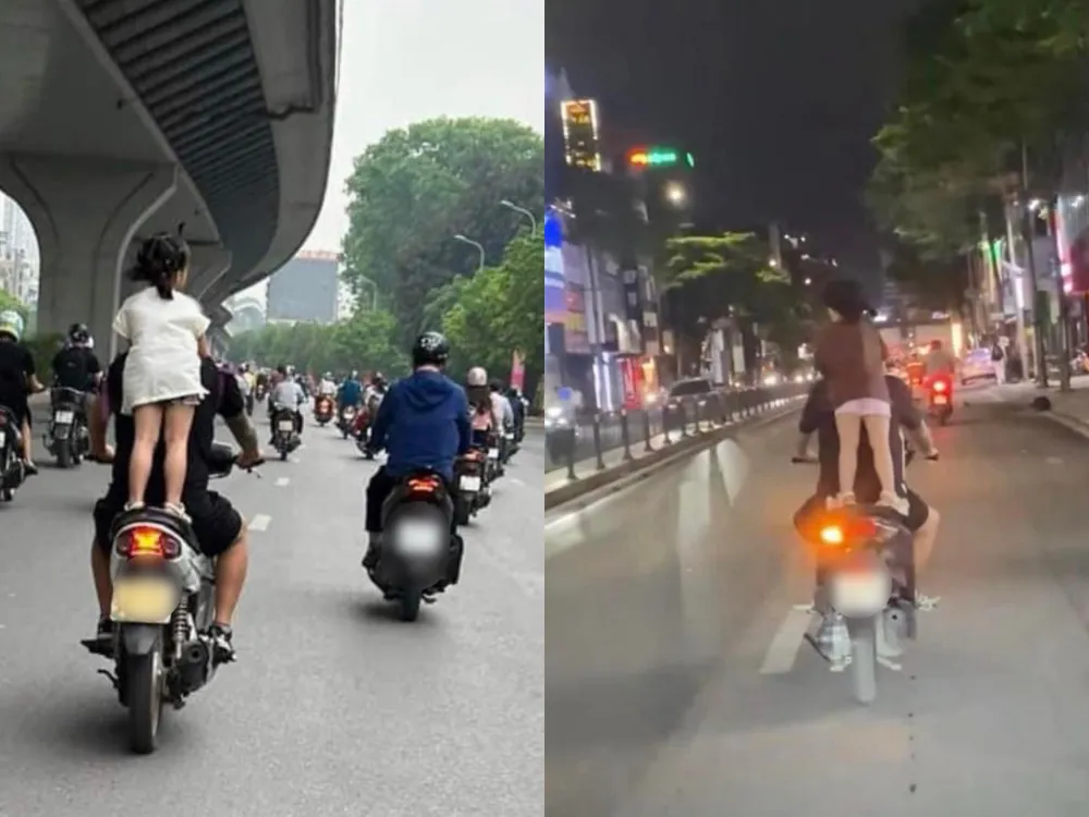 cho trẻ đứng trên yên xe