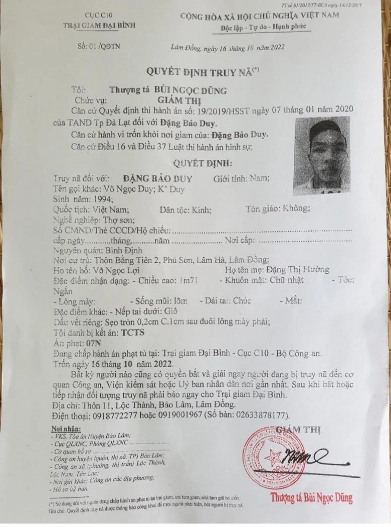 Quyết định truy nã phạm nhân trốn khỏi nơi giam giữ. Ảnh CACC