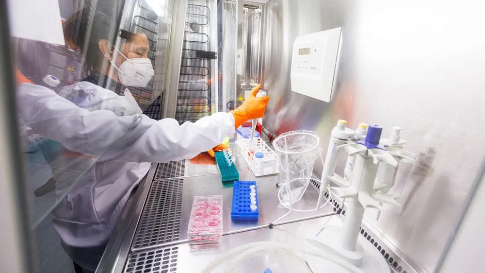 Một chuyên gia y tế kiểm tra các mẫu bệnh phẩm nghi chứa virus gây bệnh đậu mùa khỉ ở TP Munich, Đức hôm 24-5. Ảnh: REUTERS