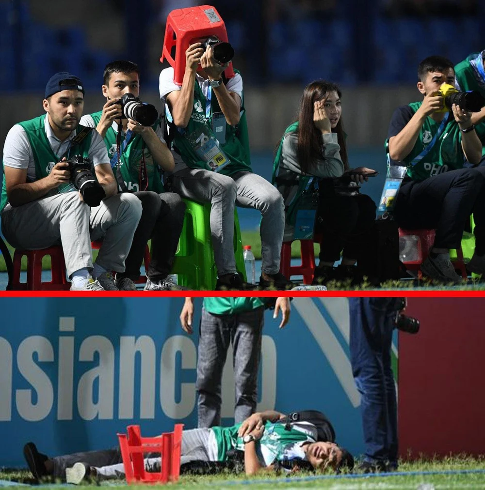 Phóng viên không tránh được cơn mưa vật lạ của khán giả Uzbekistan trong trận tứ kết Uzbekistan - Iraq. Ảnh: ANH THỎA