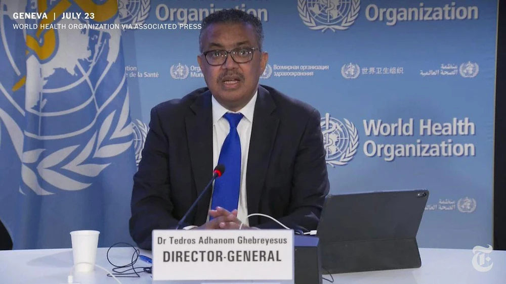 Tổng giám đốc WHO Tedros Adhanom Ghebreyesus trong cuộc họp báo ngày 23-7. Ảnh: WHO