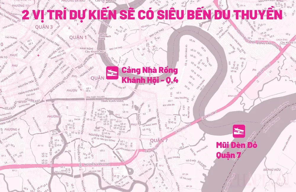 Vị trí dự kiến sẽ có hai bến du thuyền tầm cỡ ở TP.HCM. Đồ họa: THÙY TRANG