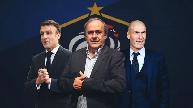 Hình ảnh trên báo Pháp với Tổng thống Macron, Platini và Zidane. Ảnh: GETTY IMAGES