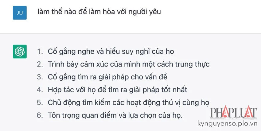 PV Pháp Luật TP.HCM hỏi về cách làm hòa với người yêu, ChatGPT lập tức giải đáp khá có lý. Ảnh: MINH HOÀNG
