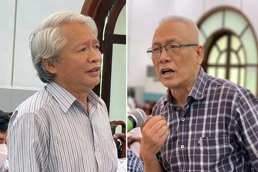 PGS Phạm Hữu Nghị (nguyên nghiên cứu viên cao cấp, Viện Nhà nước và Pháp luật, trái) và GS Nguyễn Đăng Dung (Khoa luật ĐHQG Hà Nội) phát biểu tại hội nghị. Ảnh: ĐẠI THANH