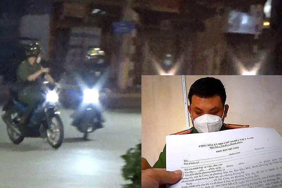 Lực lượng hỗ trợ Công an phường Tân An, TP Thủ Dầu Một truy đuổi xe vi phạm trên đường Nguyễn Chí Thanh, sau đó Trung úy Châu Thanh Đại đưa cho người vi phạm “đơn xin hỗ trợ” rồi nhận tiền. Ảnh: NT - NY