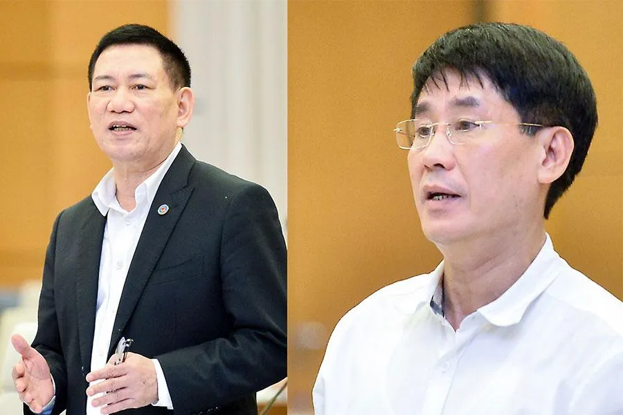 Bộ trưởng Bộ Tài chính Hồ Đức Phớc (trái) và Phó Tổng thanh tra Chính phủ Lê Sỹ Bảy giải trình tại phiên họp. Ảnh: Đ.MINH