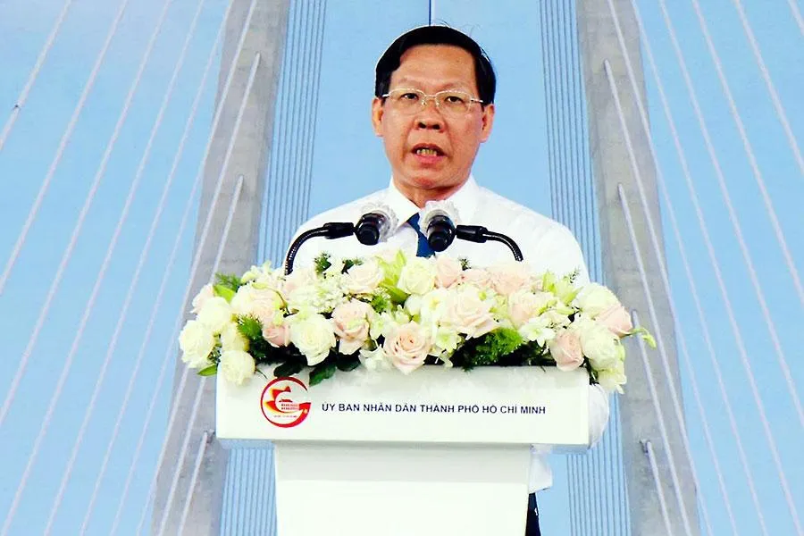 Chủ tịch UBND TP.HCM Phan Văn Mãi phát biểu trong lễ khánh thành cầu Thủ Thiêm 2. Ảnh: ĐÀO TRANG
