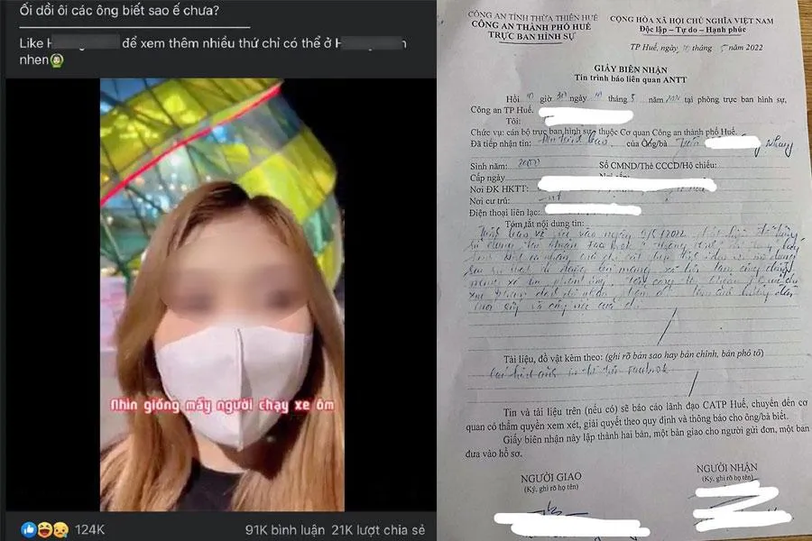 Đoạn clip gây xôn xao cộng đồng mạng nói về đàn ông đi xe số trong những ngày qua (trái) và đơn trình báo của chị N gửi cơ quan chức năng. Ảnh: NVCC