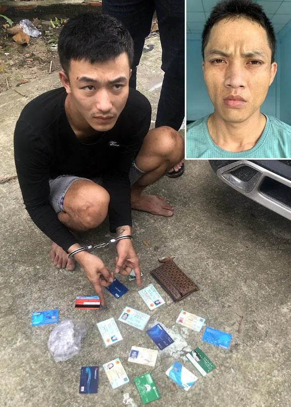 Hoàng Văn Bá (ảnh nhỏ) và Trần Tiến Quân lúc bị bắt cùng tang vật. Ảnh: CA