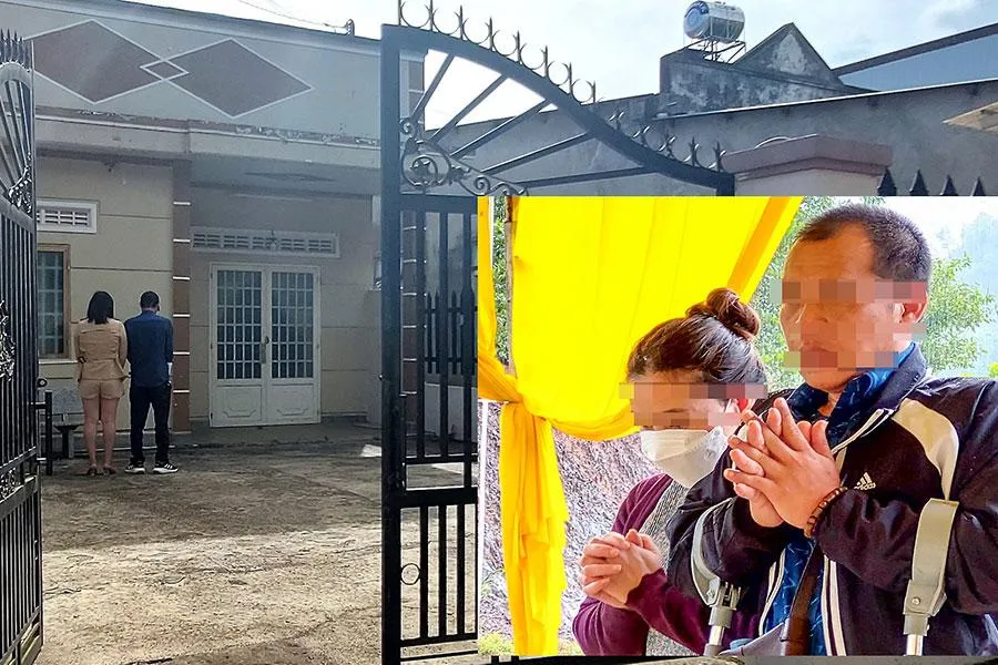 Ngôi nhà ông Q thuê để chăm nuôi cháu bé ở TP Bảo Lộc và ông Q tại đám tang của cháu bé (ảnh nhỏ). Ảnh: BT