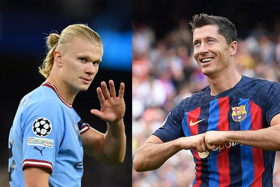 Haaland (trái) và Lewandowski đang thể hiện bản năng sát thủ ở Premier League và La Liga. Ảnh: GETTY IMAGES